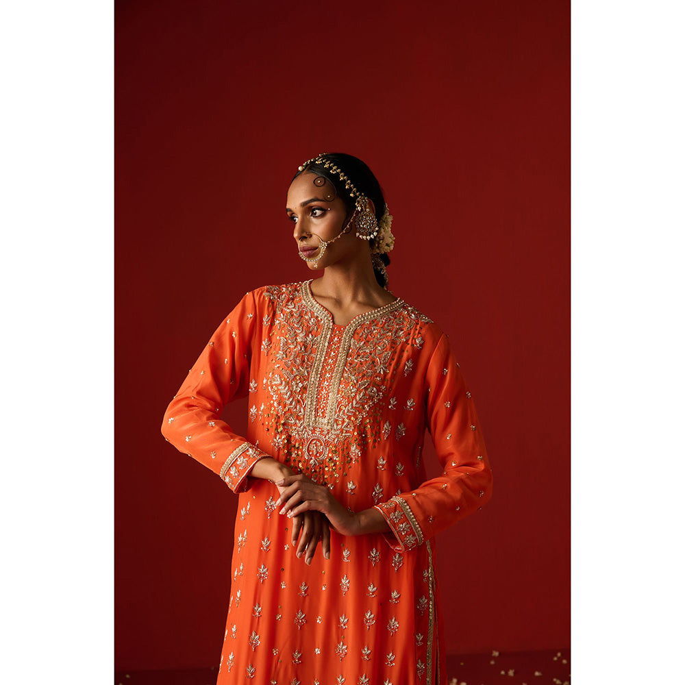 OHH CROW Orange Embroidered Crepe Kurta with Pant and Dupatta (Set of 3)