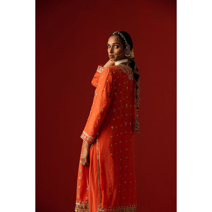 OHH CROW Orange Embroidered Crepe Kurta with Pant and Dupatta (Set of 3)
