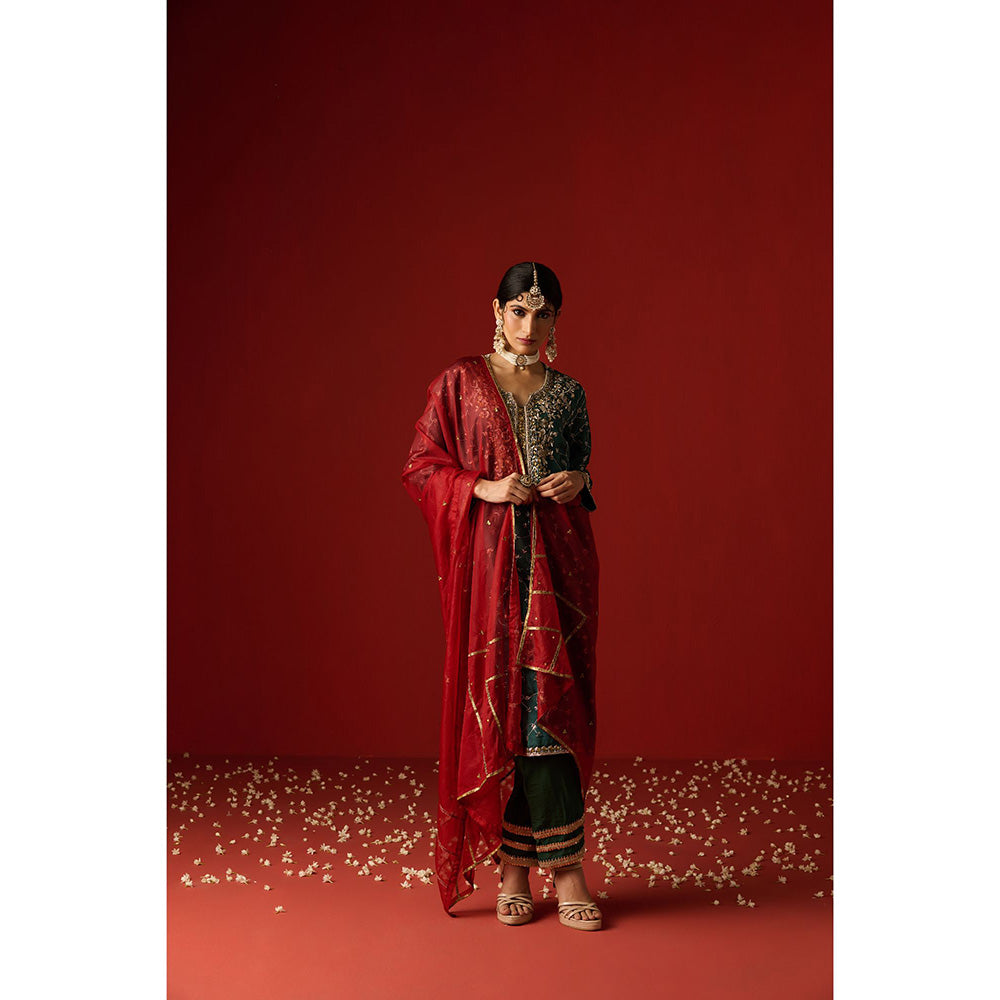 OHH CROW Green Embroidered Opara Silk Kurta with Pant and Dupatta (Set of 3)