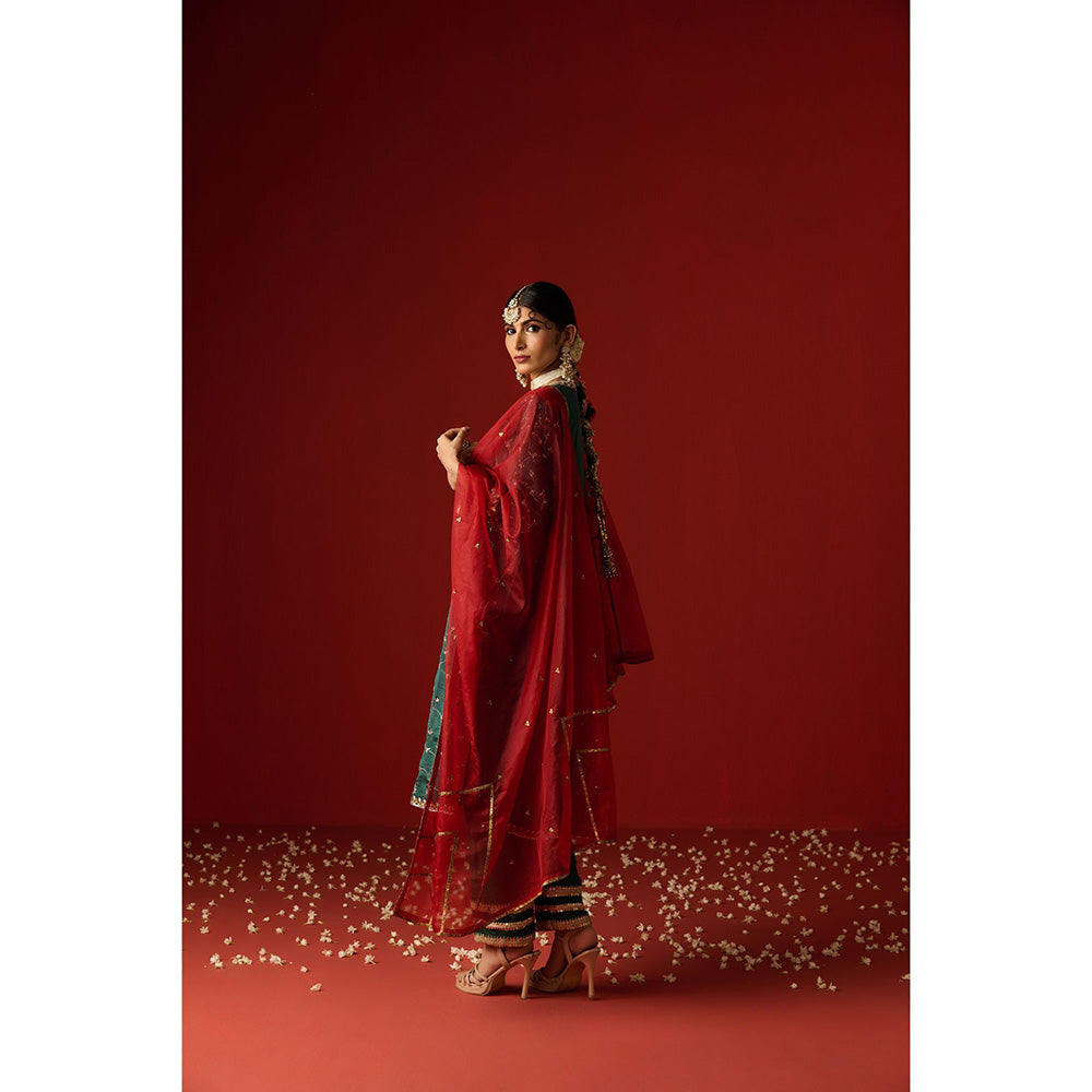 OHH CROW Green Embroidered Opara Silk Kurta with Pant and Dupatta (Set of 3)