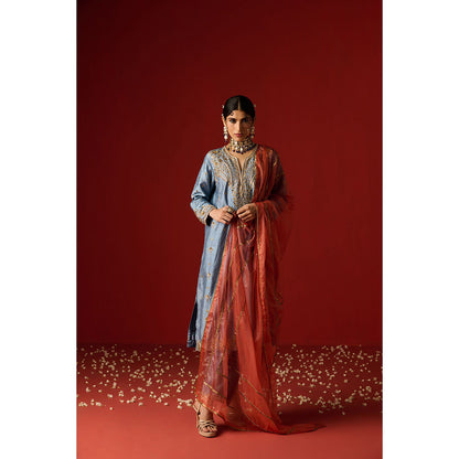 OHH CROW Blue Embroidered Raw Silk Kurta with Pant and Dupatta (Set of 3)