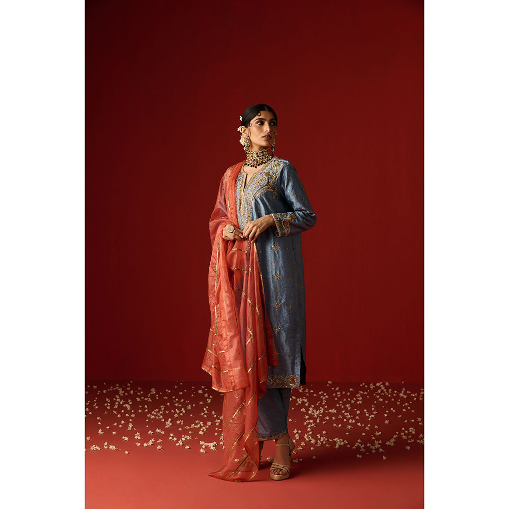 OHH CROW Blue Embroidered Raw Silk Kurta with Pant and Dupatta (Set of 3)