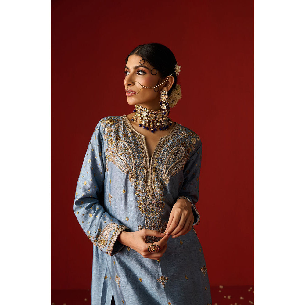 OHH CROW Blue Embroidered Raw Silk Kurta with Pant and Dupatta (Set of 3)