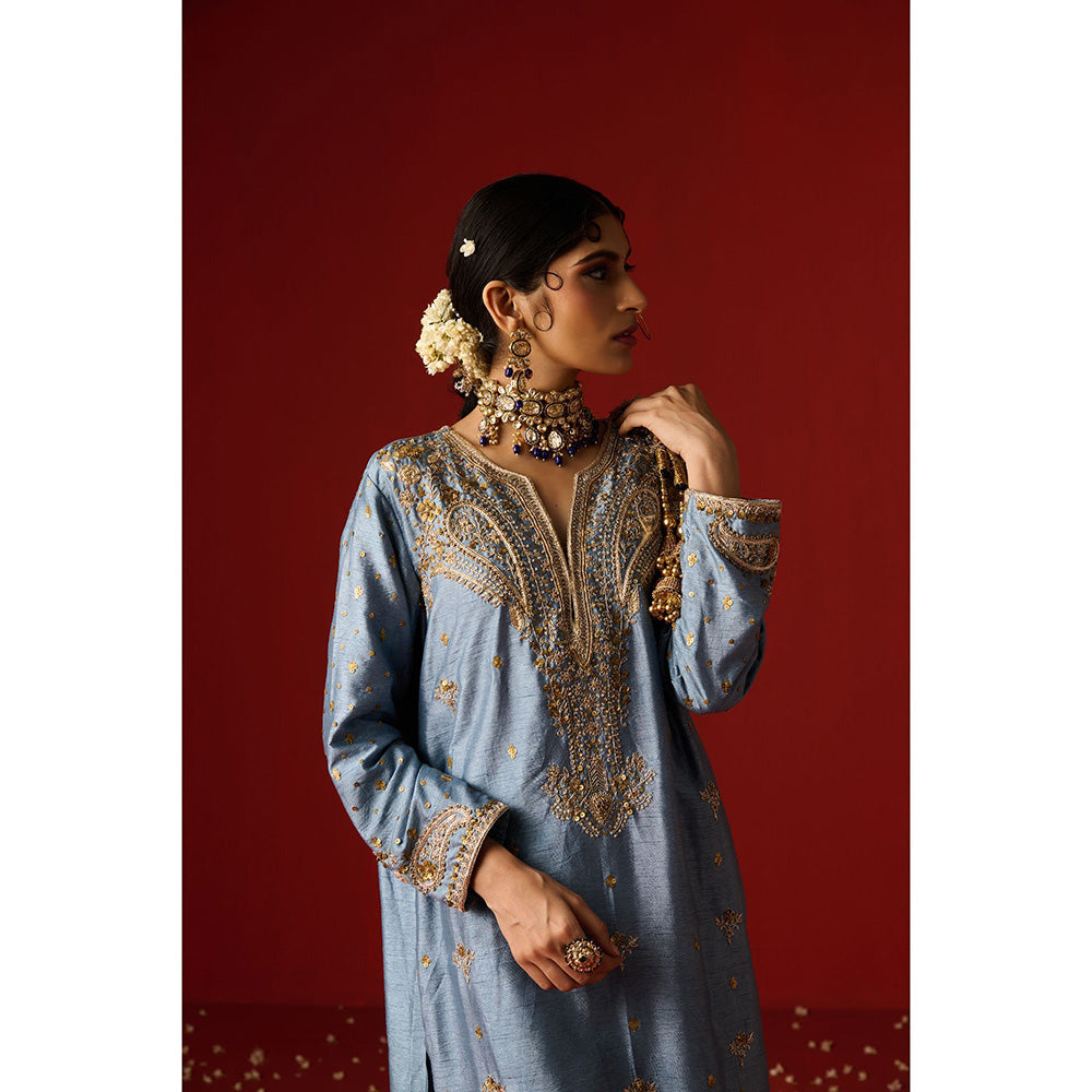 OHH CROW Blue Embroidered Raw Silk Kurta with Pant and Dupatta (Set of 3)