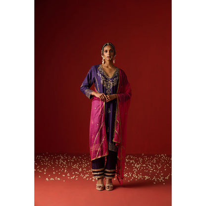 OHH CROW Purple Embroidered Chanderi Kurta with Pant and Dupatta (Set of 3)