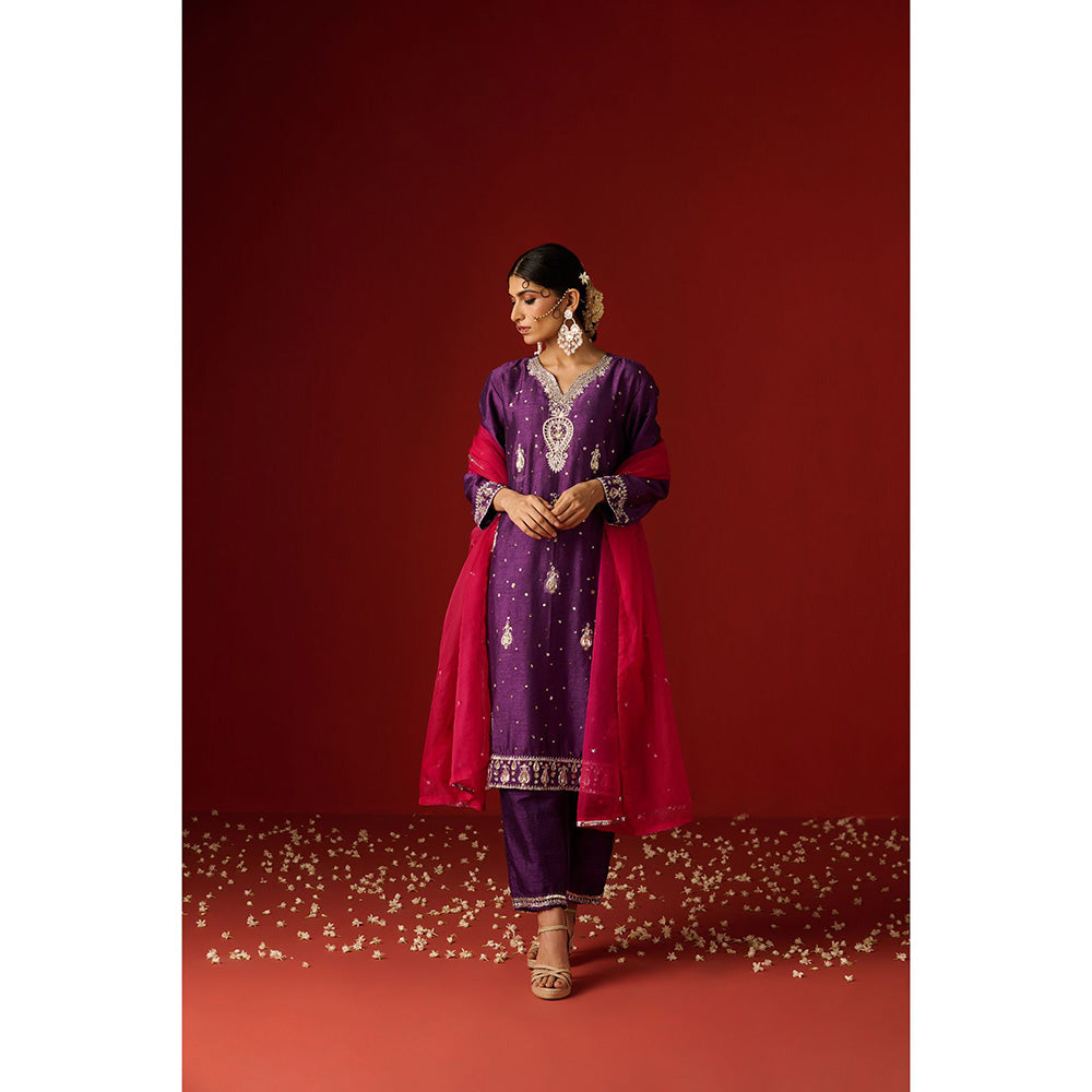 OHH CROW Purple Embroidered Raw Silk Kurta with Pant and Dupatta (Set of 3)