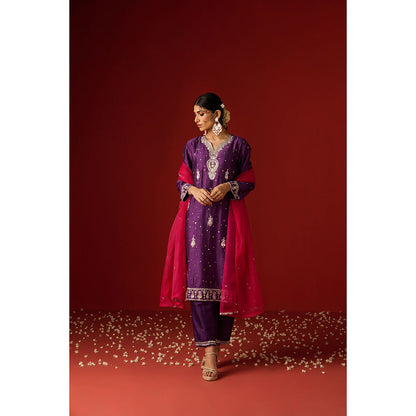 OHH CROW Purple Embroidered Raw Silk Kurta with Pant and Dupatta (Set of 3)