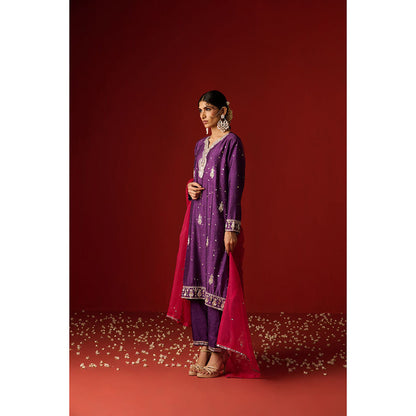 OHH CROW Purple Embroidered Raw Silk Kurta with Pant and Dupatta (Set of 3)