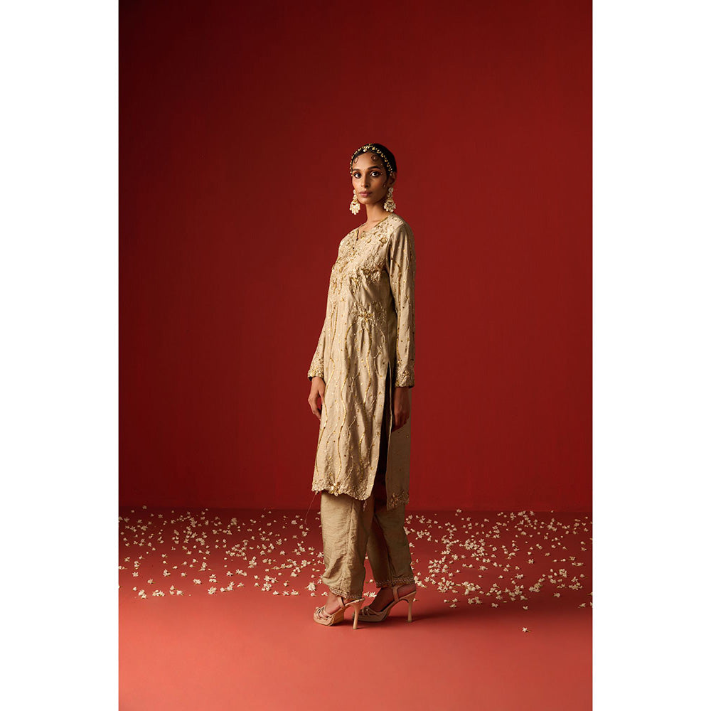 OHH CROW Beige Embroidered Raw Silk Kurta with Pant and Dupatta (Set of 3)