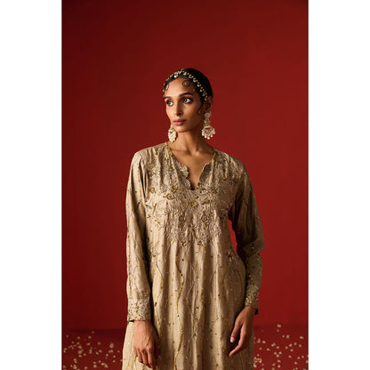 OHH CROW Beige Embroidered Raw Silk Kurta with Pant and Dupatta (Set of 3)
