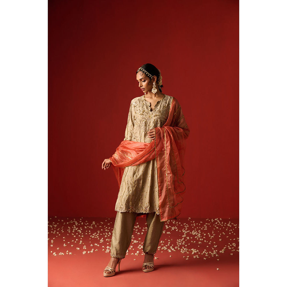 OHH CROW Beige Embroidered Raw Silk Kurta with Pant and Dupatta (Set of 3)