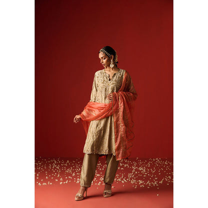 OHH CROW Beige Embroidered Raw Silk Kurta with Pant and Dupatta (Set of 3)