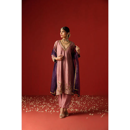 OHH CROW Pink Embroidered Raw Silk Kurta with Pant and Dupatta (Set of 3)
