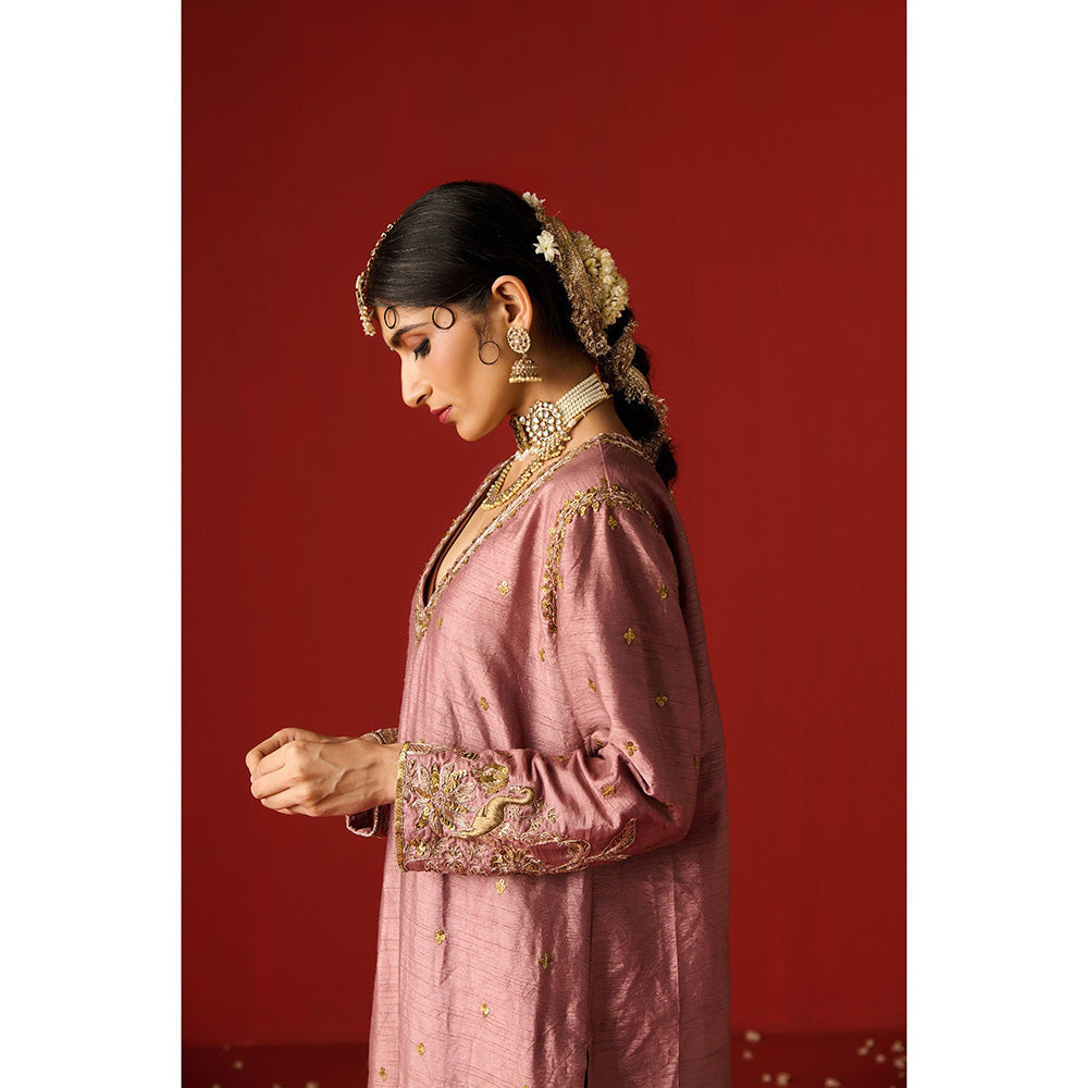 OHH CROW Pink Embroidered Raw Silk Kurta with Pant and Dupatta (Set of 3)