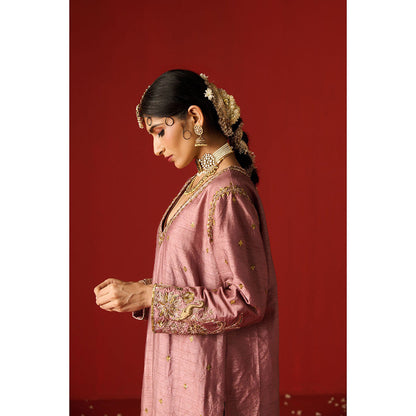 OHH CROW Pink Embroidered Raw Silk Kurta with Pant and Dupatta (Set of 3)