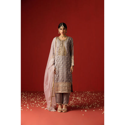 OHH CROW Grey Embroidered Cotton Silk Kurta with Pant and Dupatta (Set of 3)