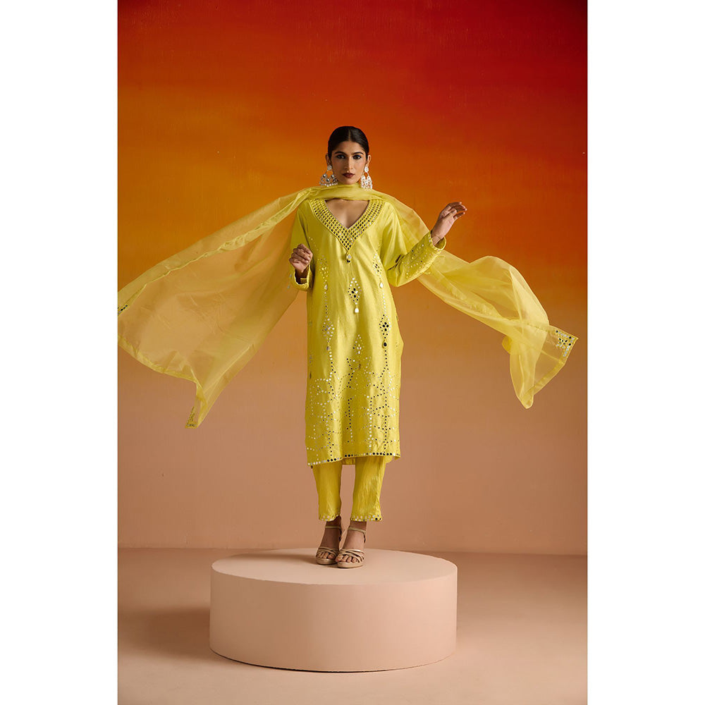 OHH CROW Yellow Embroidered Raw Silk Kurta with Pant and Dupatta (Set of 3)