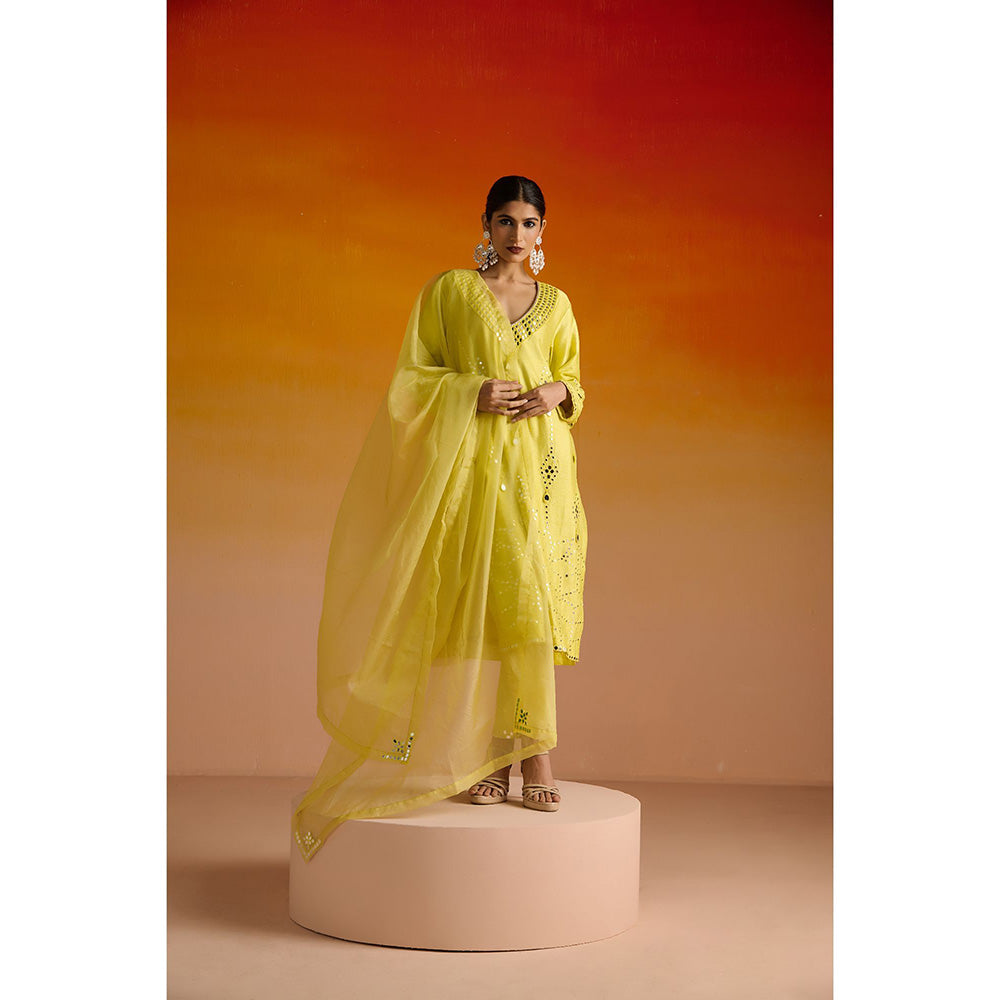 OHH CROW Yellow Embroidered Raw Silk Kurta with Pant and Dupatta (Set of 3)