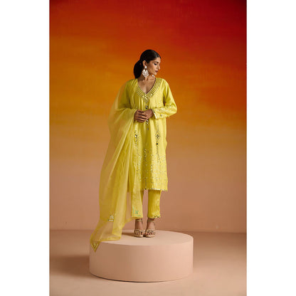 OHH CROW Yellow Embroidered Raw Silk Kurta with Pant and Dupatta (Set of 3)