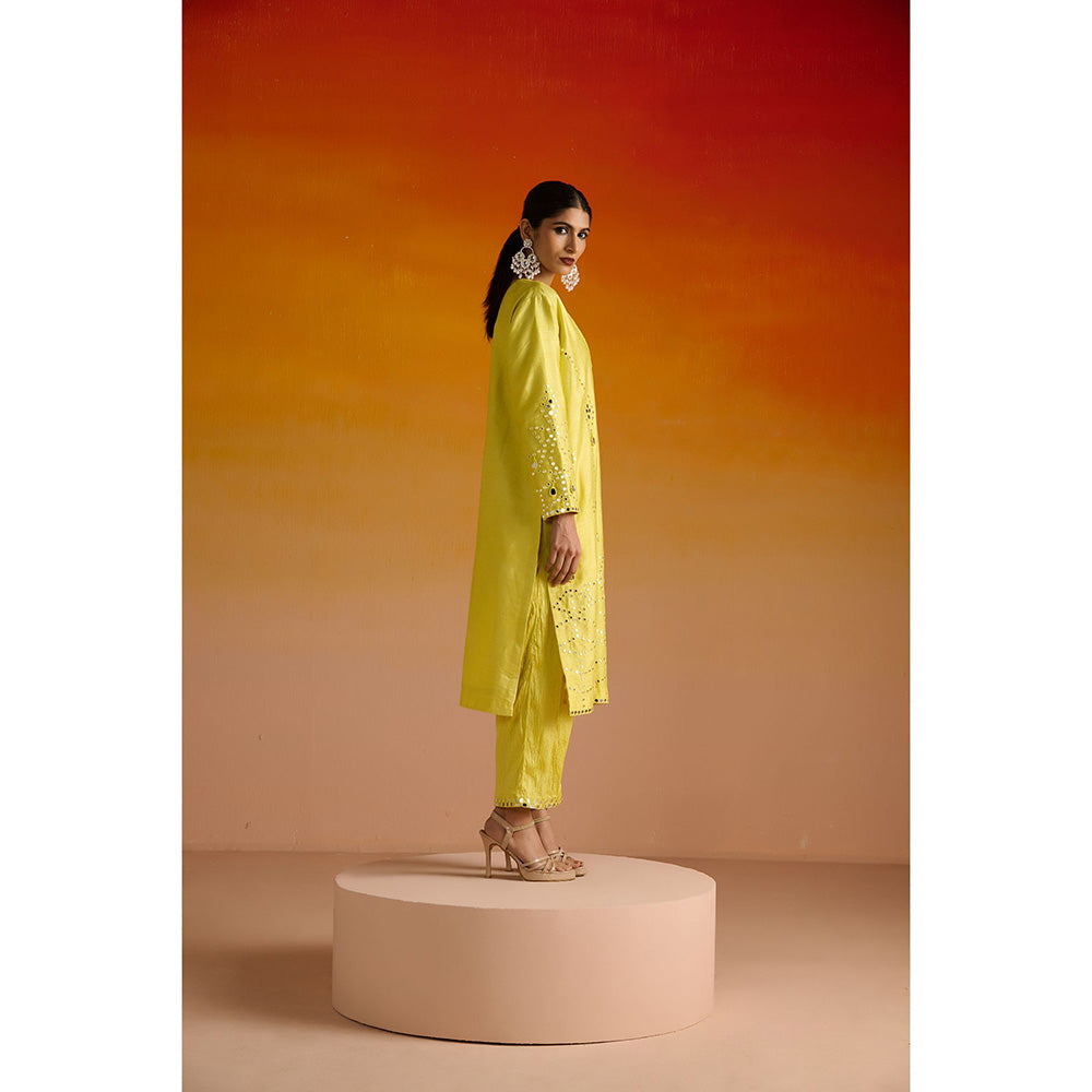 OHH CROW Yellow Embroidered Raw Silk Kurta with Pant and Dupatta (Set of 3)