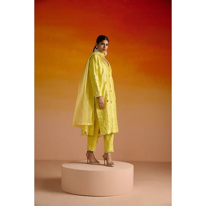 OHH CROW Yellow Embroidered Raw Silk Kurta with Pant and Dupatta (Set of 3)