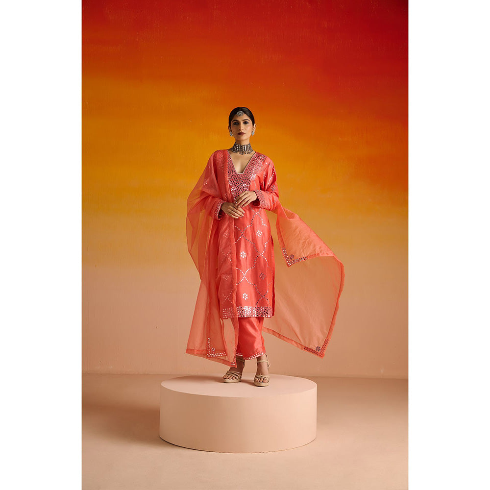 OHH CROW Peach Embroidered Raw Silk Kurta with Pant and Dupatta (Set of 3)