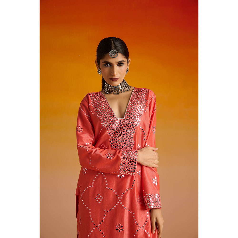 OHH CROW Peach Embroidered Raw Silk Kurta with Pant and Dupatta (Set of 3)