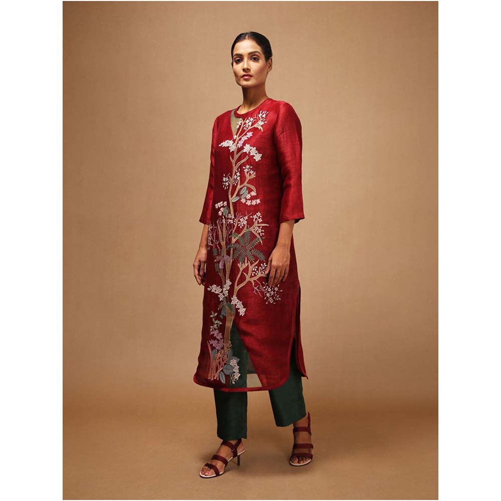 OJA Floris Maroon Kurta and Trouser (Set of 2)