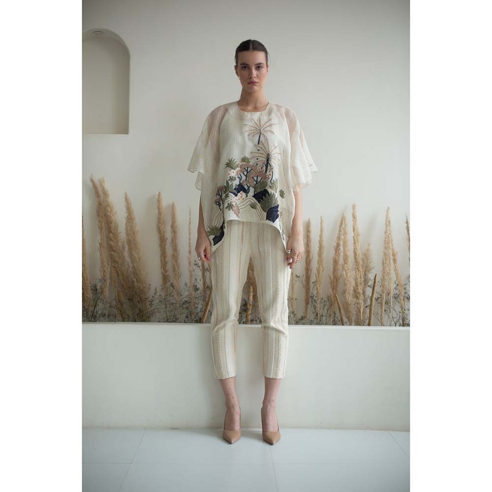 OJA Fern White Embroidered Flared Sleeves Co-Ord (Set of 3)