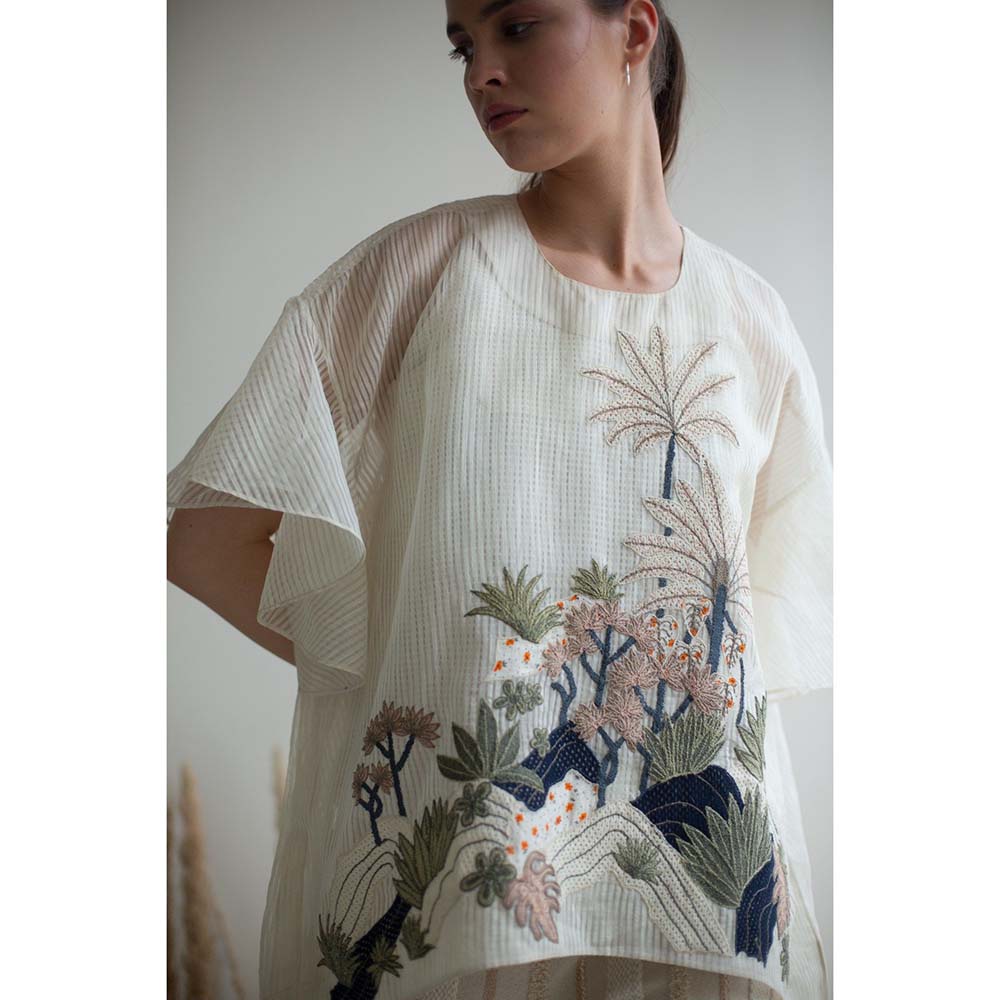 OJA Fern White Embroidered Flared Sleeves Co-Ord (Set of 3)