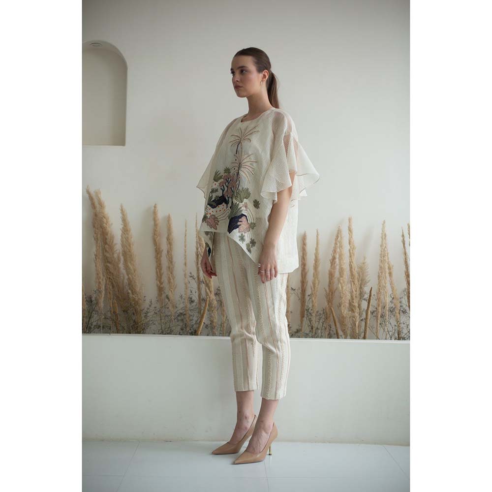 OJA Fern White Embroidered Flared Sleeves Co-Ord (Set of 3)