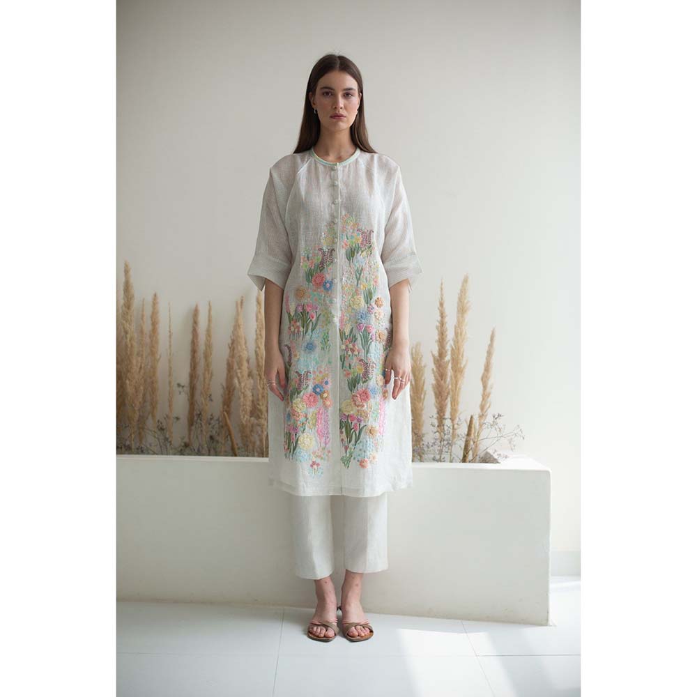 OJA Fern White Linen Kurta and Pant (Set of 2)