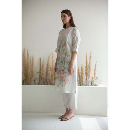OJA Fern White Linen Kurta and Pant (Set of 2)