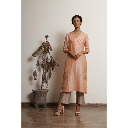 OJA Fern Stunner Peach Kurta and Trouser with Dupatta (Set of 3)