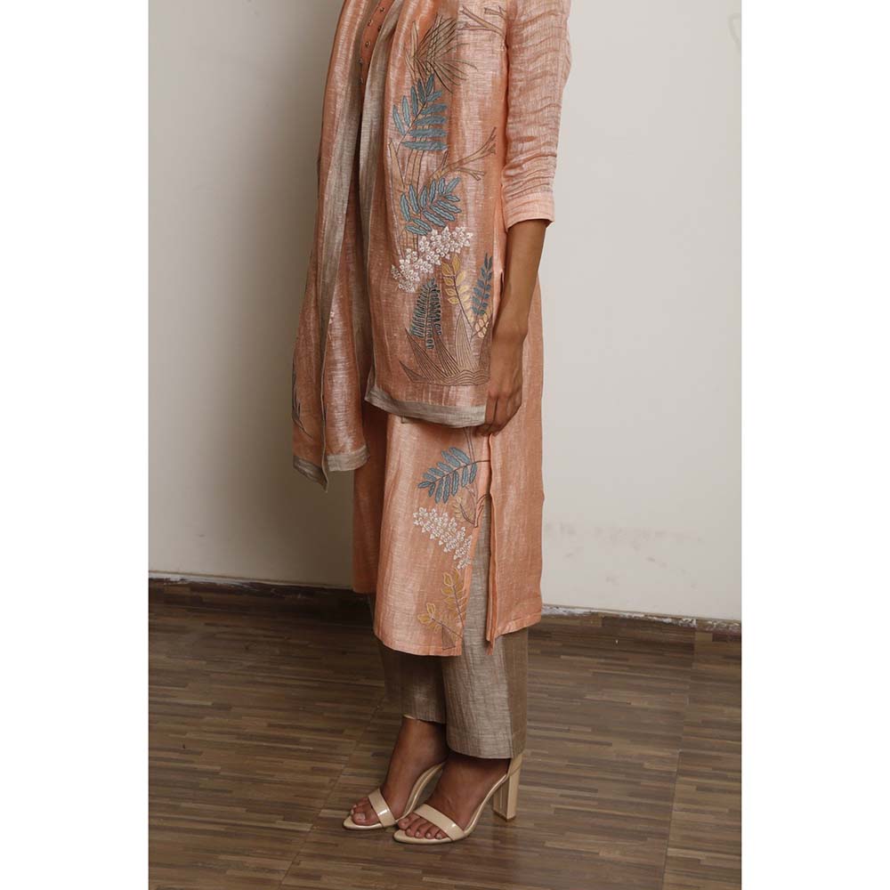 OJA Fern Stunner Peach Kurta and Trouser with Dupatta (Set of 3)