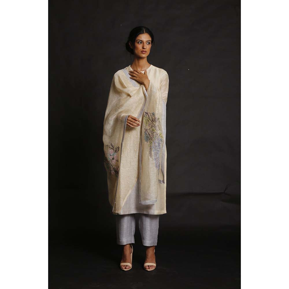 OJA Natural Bloom Cream Kurta and Trouser with Dupatta (Set of 3)