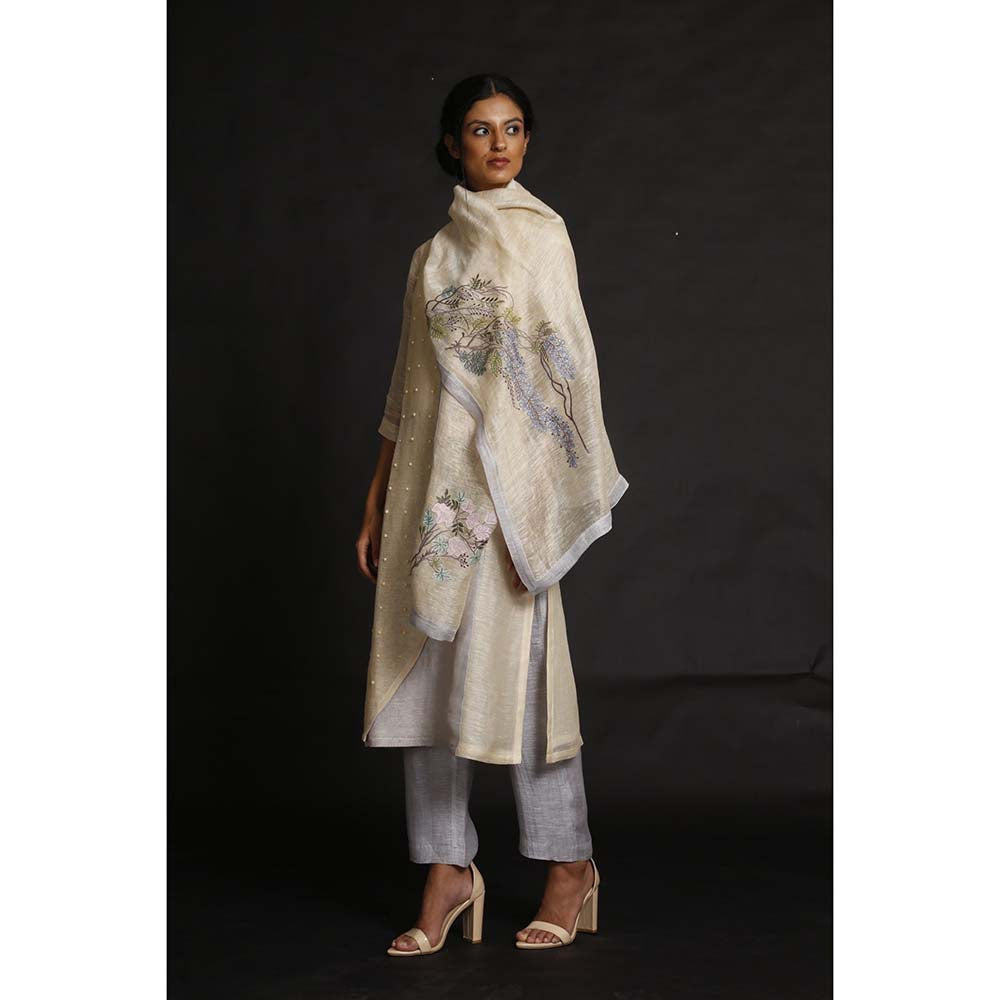 OJA Natural Bloom Cream Kurta and Trouser with Dupatta (Set of 3)