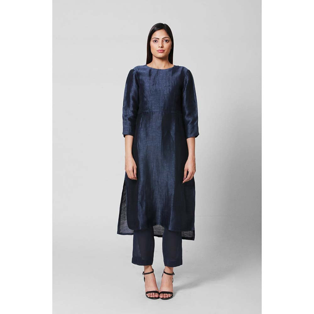 OJA Blossom Navy Blue Linen Kurta and Trouser (Set of 2)