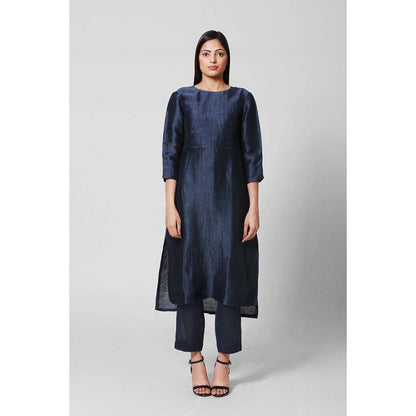 OJA Blossom Navy Blue Linen Kurta and Trouser (Set of 2)