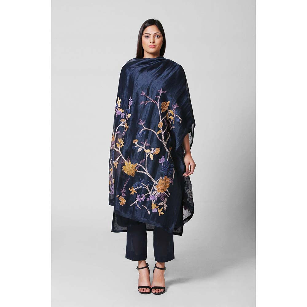 OJA Blossom Navy Blue Kurta and Trouser with Embroidered Dupatta (Set of 3)