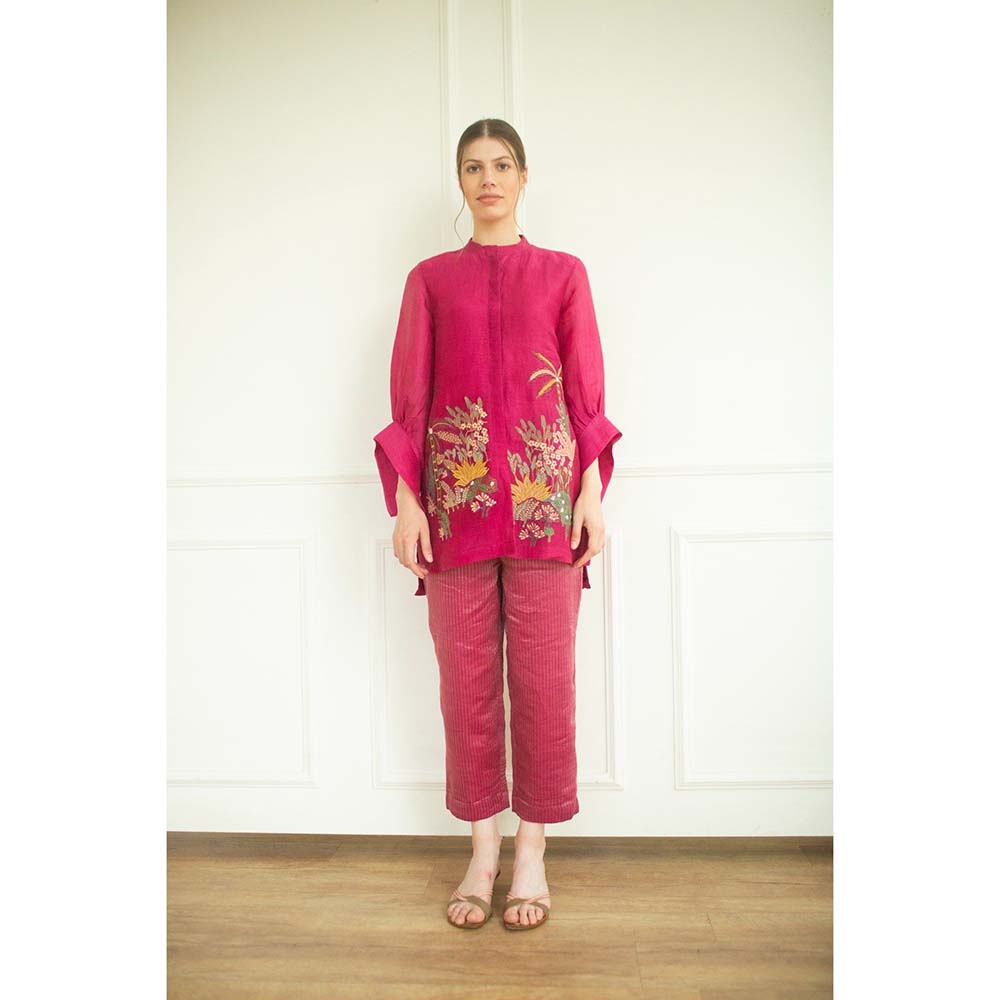 OJA Aurum Pink Embroidered Shirt and Pant Co-Ord (Set of 2)