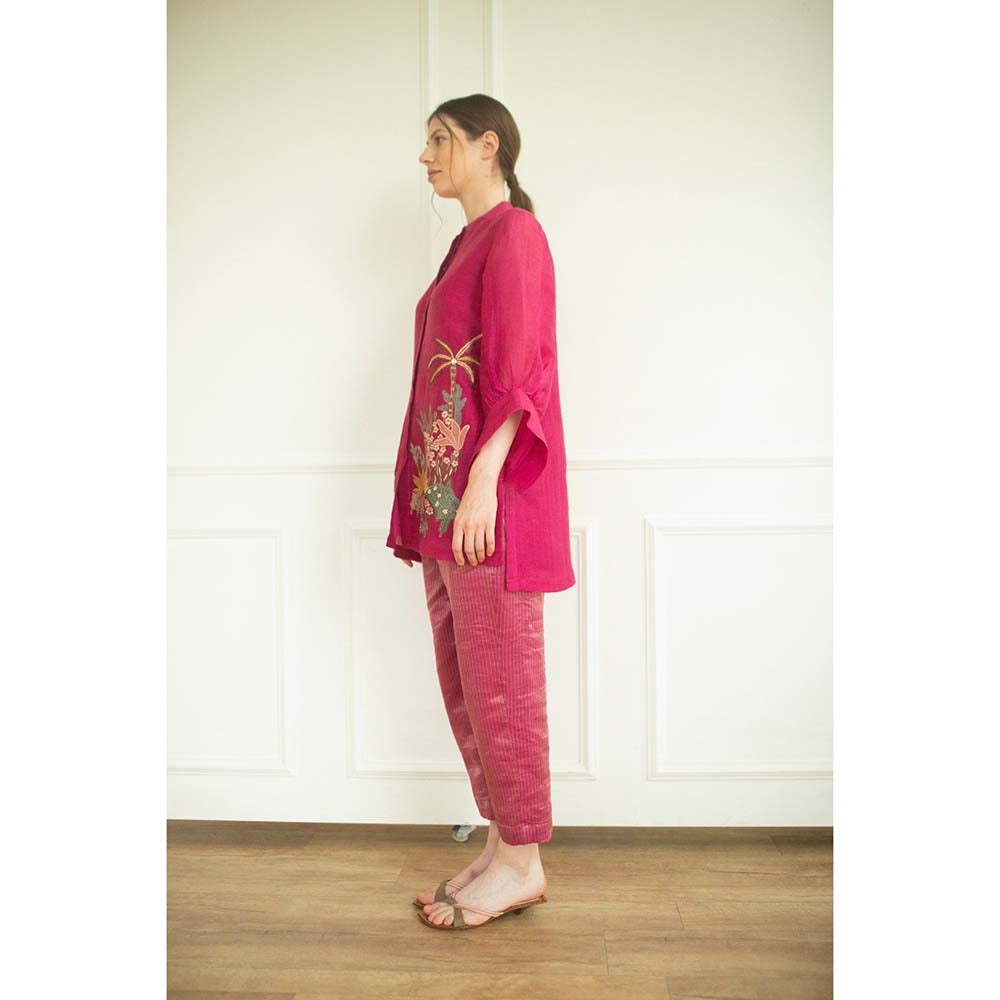 OJA Aurum Pink Embroidered Shirt and Pant Co-Ord (Set of 2)