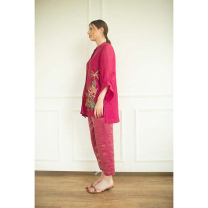 OJA Aurum Pink Embroidered Shirt and Pant Co-Ord (Set of 2)