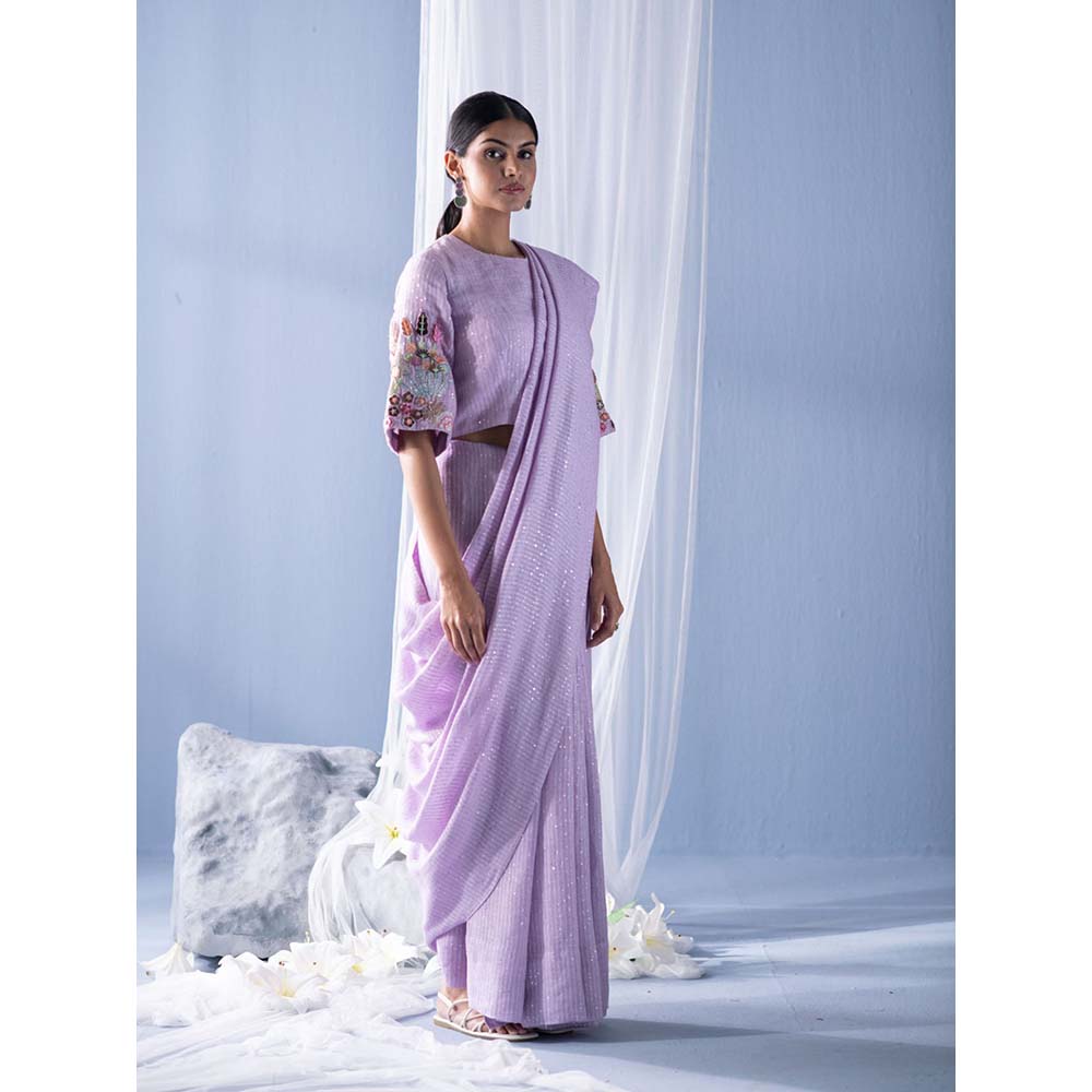 OJA Lavender Embroidered Saree with Stitched Blouse