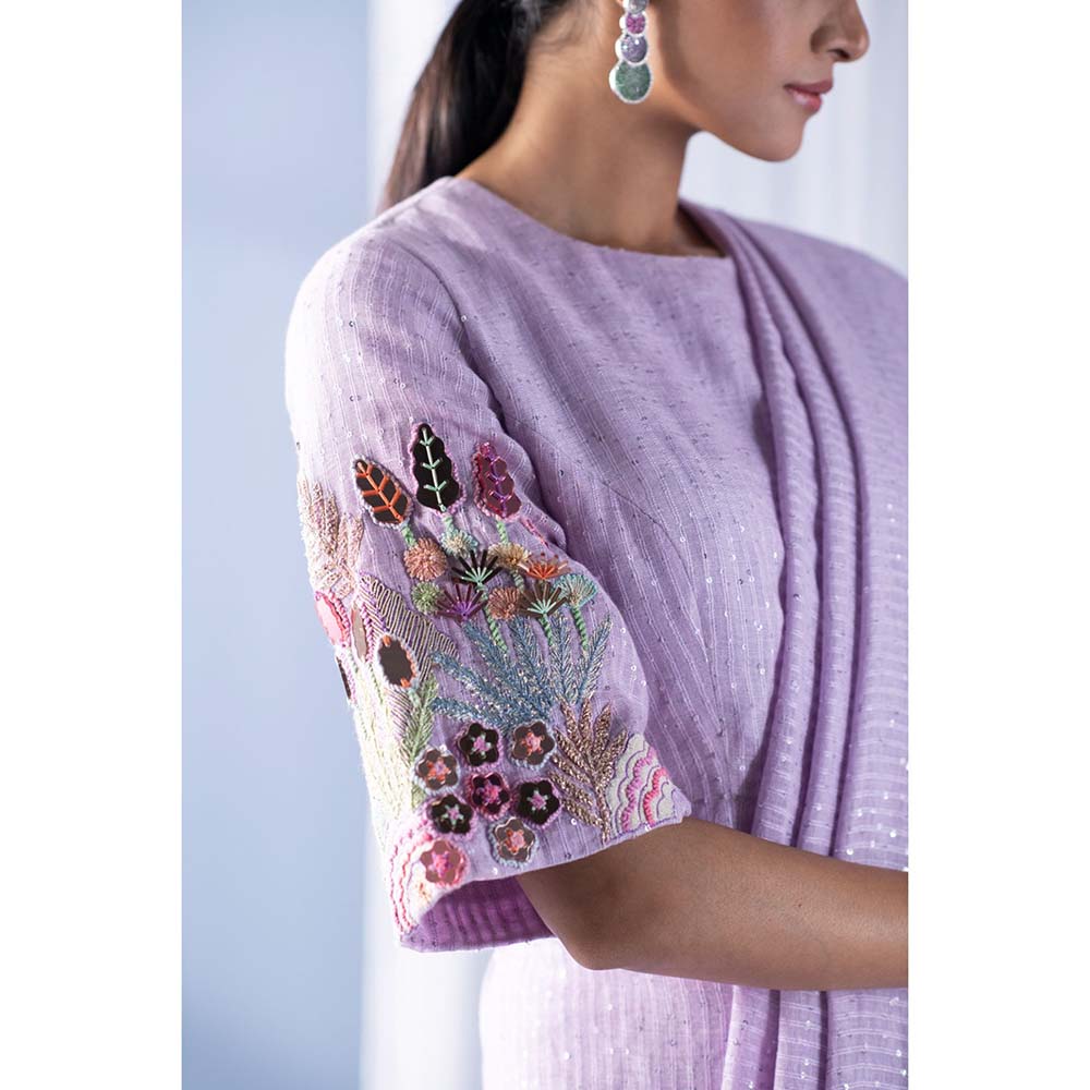OJA Lavender Embroidered Saree with Stitched Blouse