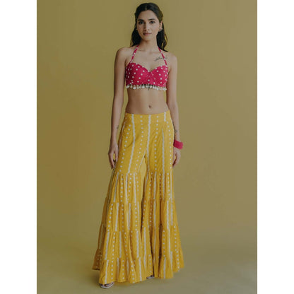 Old Marigold Aisha Yellow Cotton Embroidered Blouse With Sharara (Set of 2)