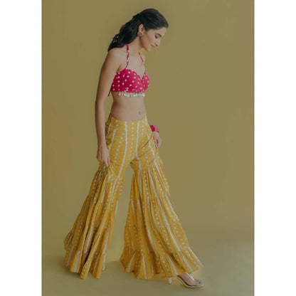 Old Marigold Aisha Yellow Cotton Embroidered Blouse With Sharara (Set of 2)