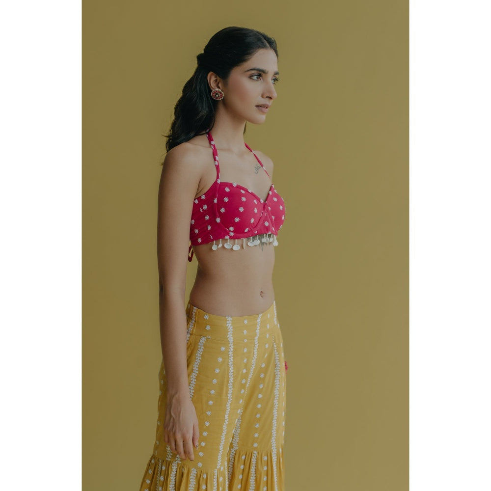 Old Marigold Aisha Yellow Cotton Embroidered Blouse With Sharara (Set of 2)