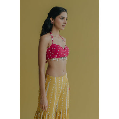 Old Marigold Aisha Yellow Cotton Embroidered Blouse With Sharara (Set of 2)