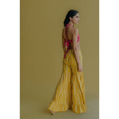 Old Marigold Aisha Yellow Cotton Embroidered Blouse With Sharara (Set of 2)